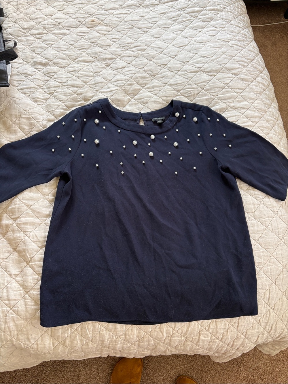 Ann Taylor Navy Pearl-Embellished Long Sleeve Top